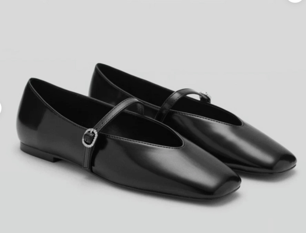 NEW MANGO MNG BLACK PATENT LEATHER EFFECT SQUARE TOE BALLET FLATS SZ 37 US 6.5 - Picture 2 of 9